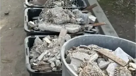 Broken concrete in bins and a trash can beside a lawn