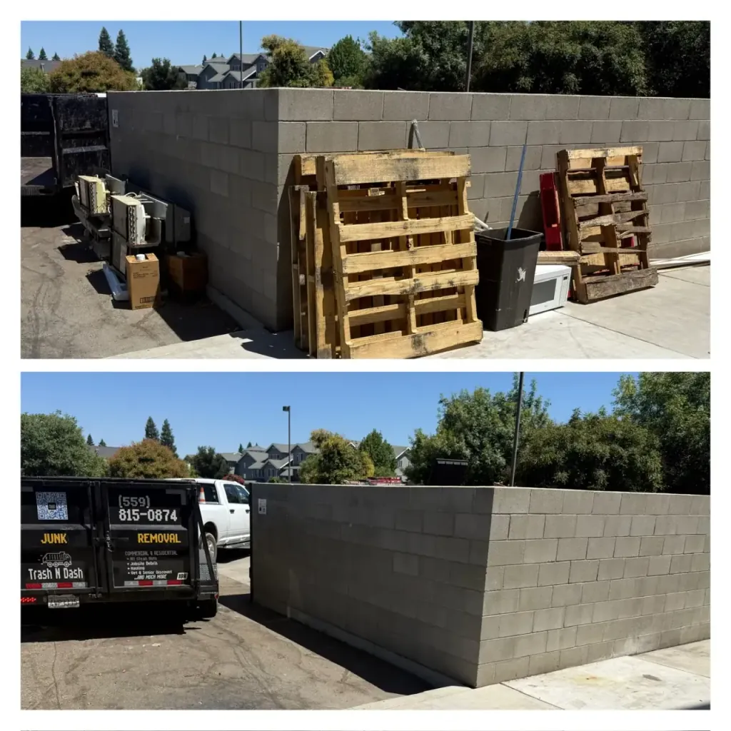 Pallets and appliances stacked against a block wall at a commercial property, before and after