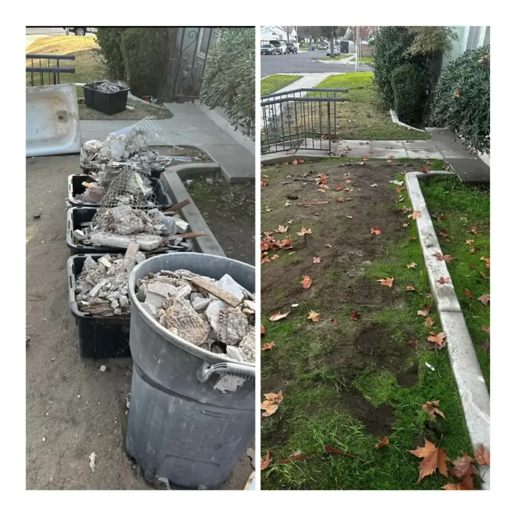 Concrete and construction debris bagged and binned at the curb, before and after