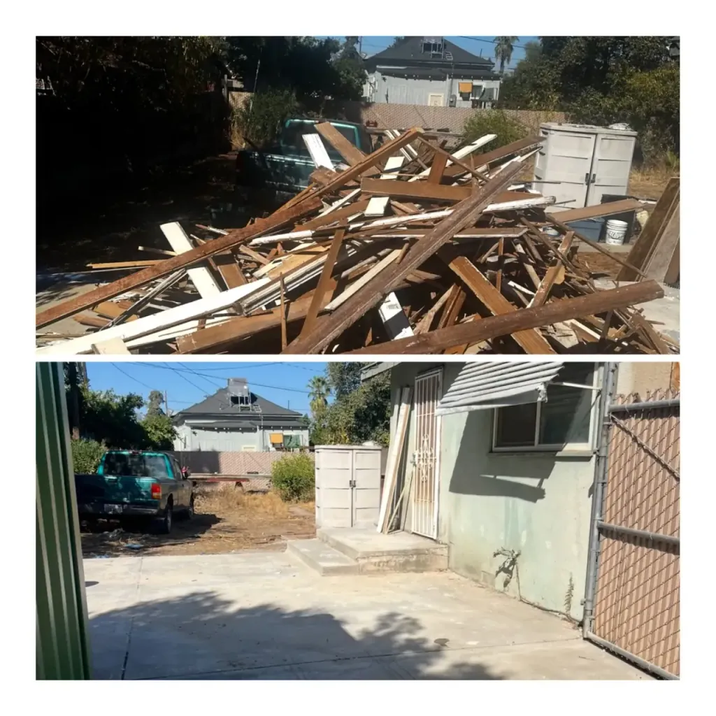 A pile of lumber and remodel debris cleared from a property, before and after