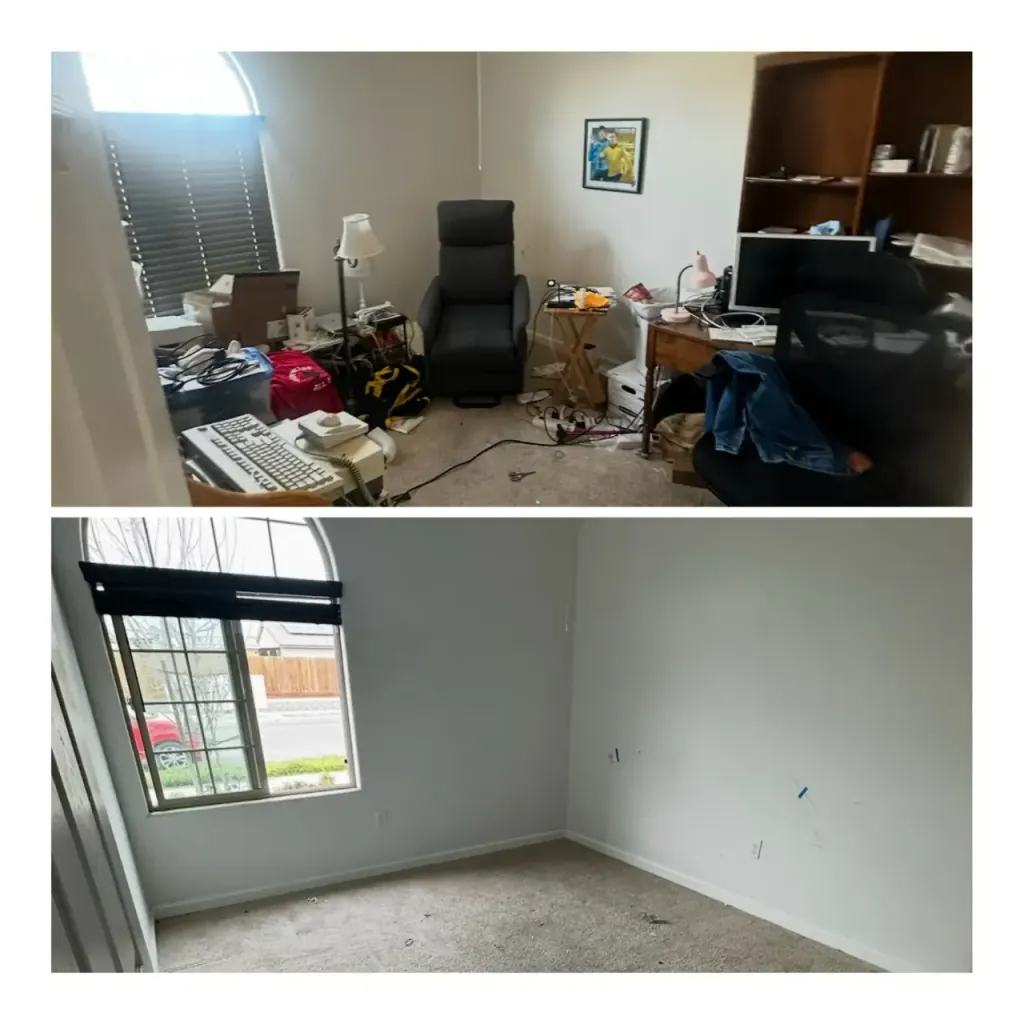 A bedroom emptied and cleared out, before and after