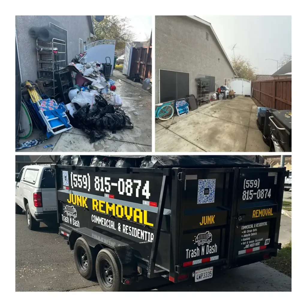 Furniture and household items cleared from a side yard, before and after