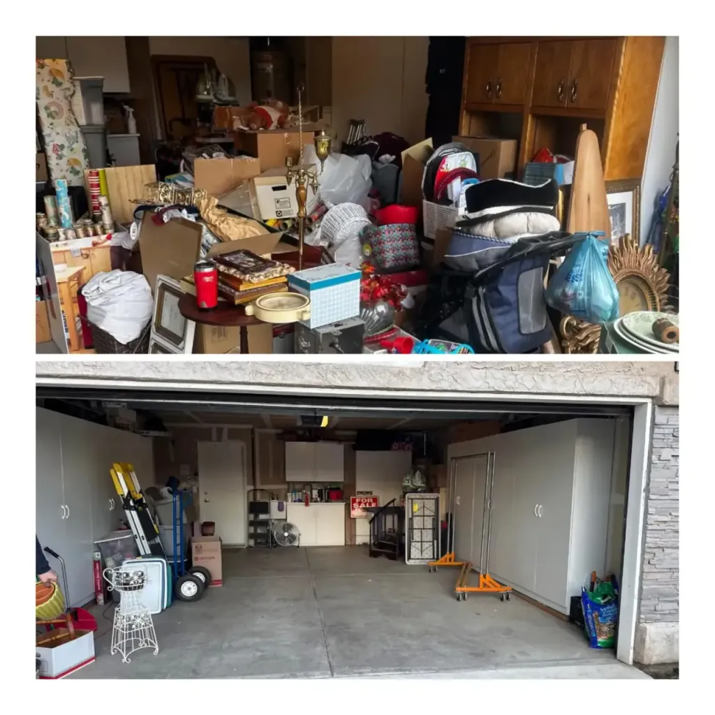 A packed garage cleared out ahead of a home listing, before and after