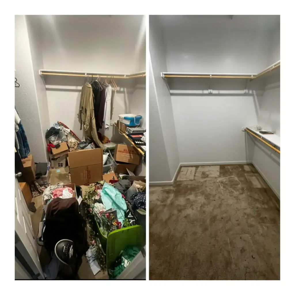 A packed closet cleared back to empty shelves, before and after
