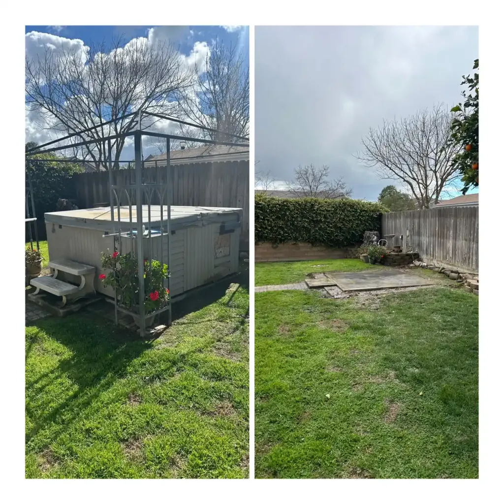A hot tub and gazebo frame cleared from a backyard, before and after