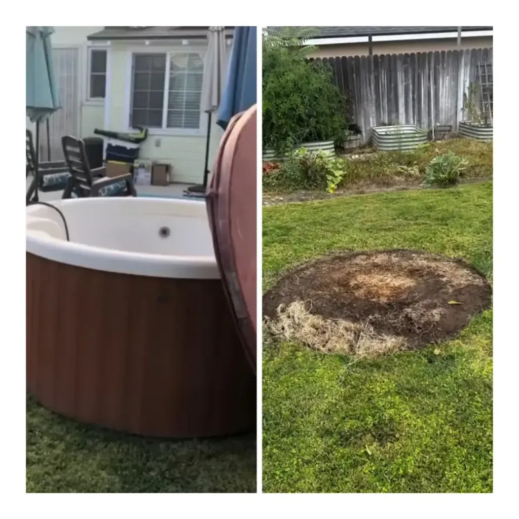 A backyard hot tub removed and the lawn cleared, before and after