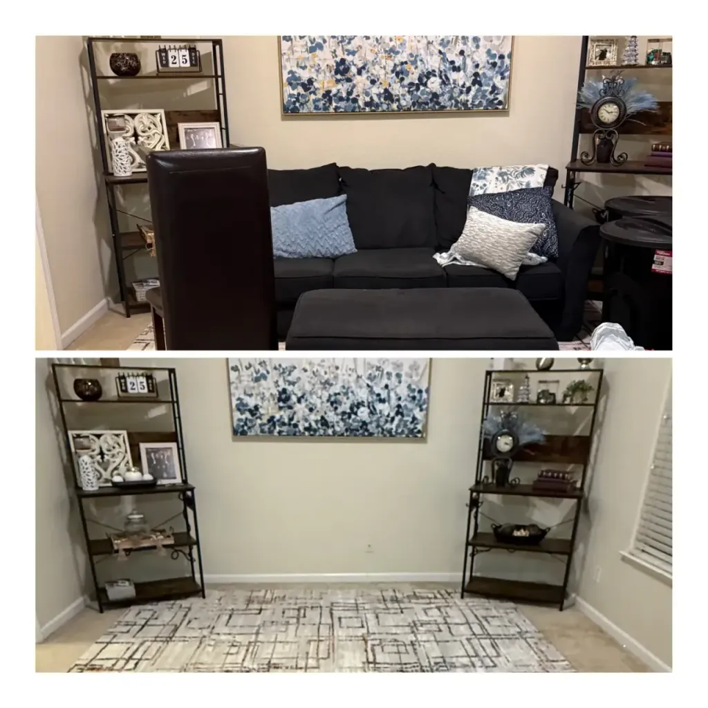 A living room cleared of a sofa and shelving units, before and after