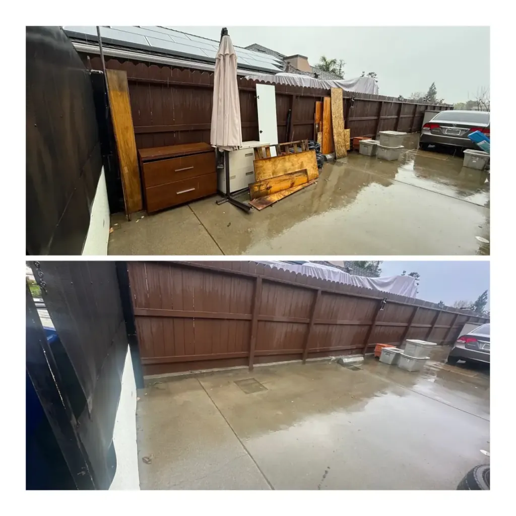 A patio and side yard cleared of furniture and debris, before and after