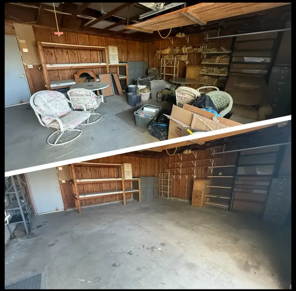 Garage cleared out for a real estate listing, before and after