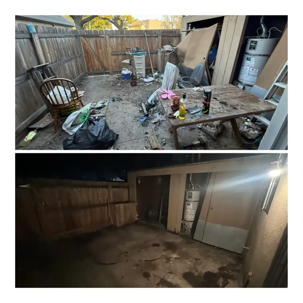 A backyard shed and surrounding area cleared out, before and after