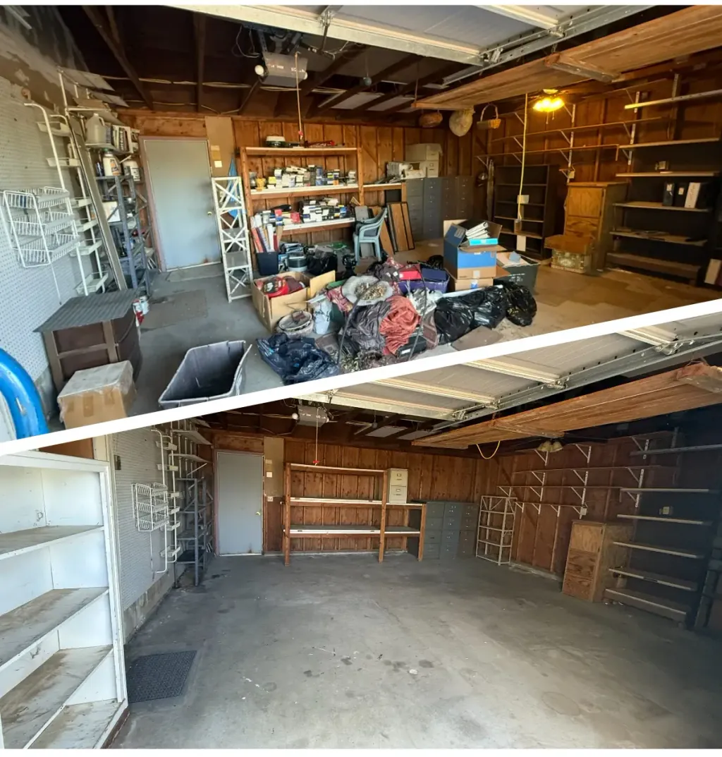 Storage shelving and stored contents cleared out, before and after