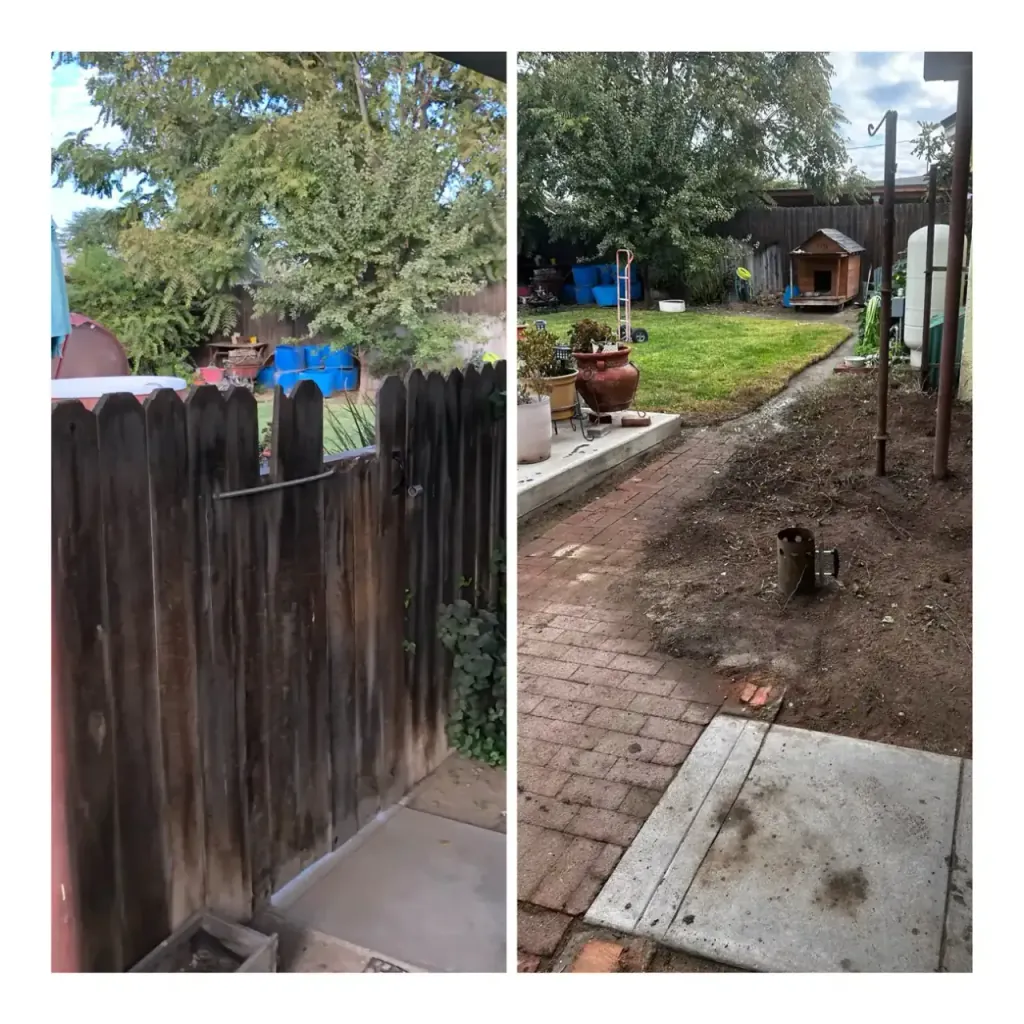 A backyard cleared of yard waste and debris, before and after